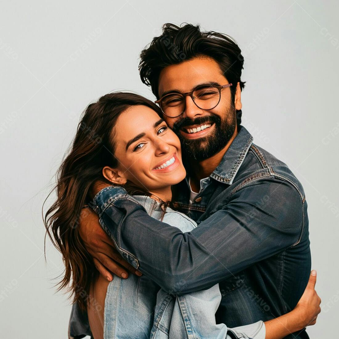 Casal abraçado sorrindo fundo claro