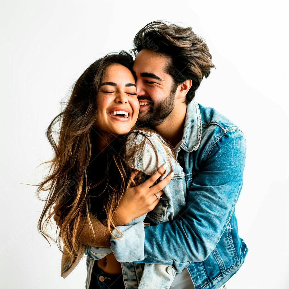 Casal apaixonado se abraçando fundo branco