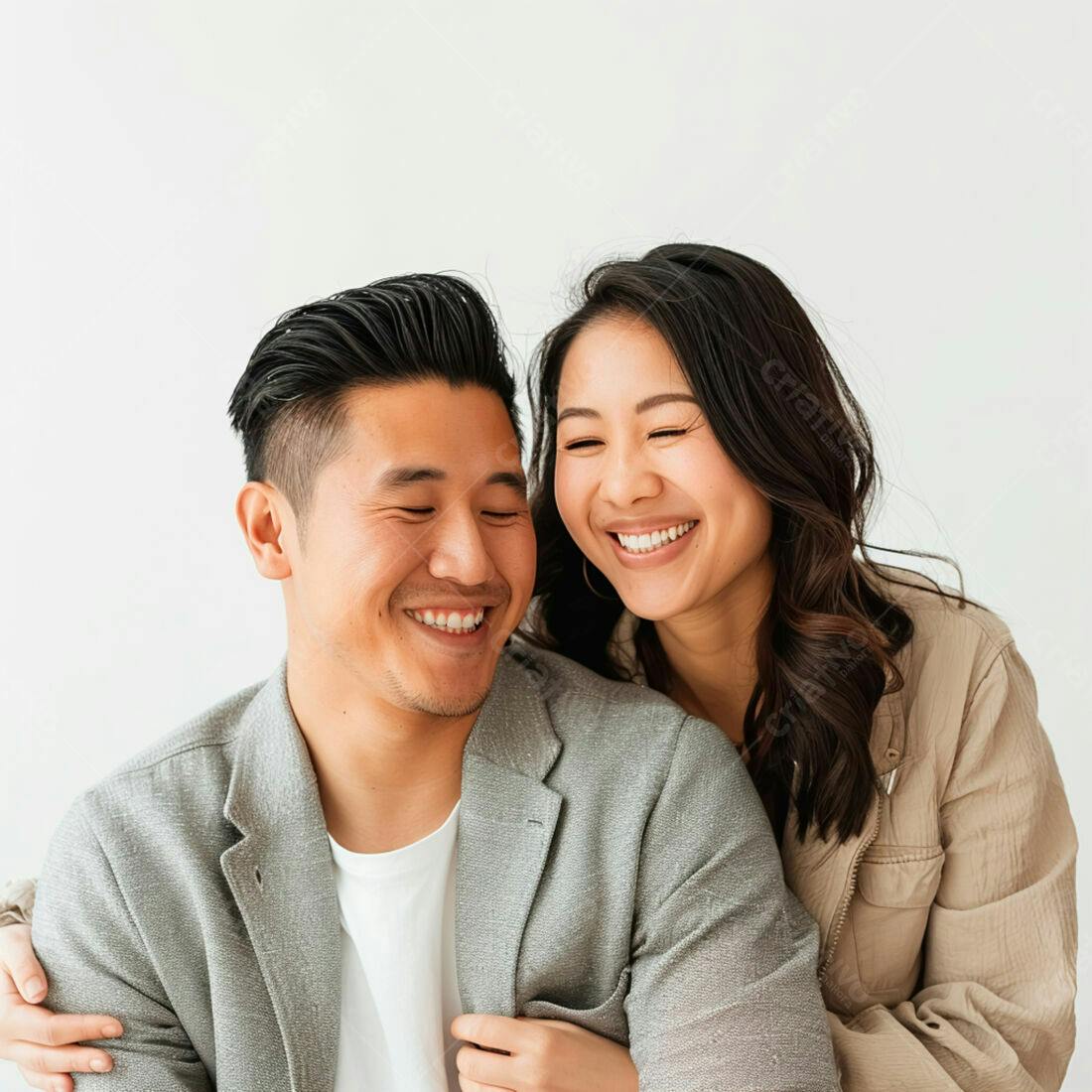 Casal asiático feliz e apaixonado abraçados