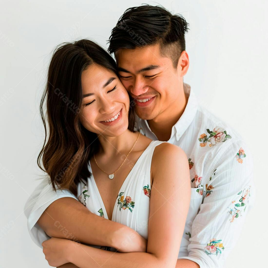 Casal asiático abraçado fundo branco