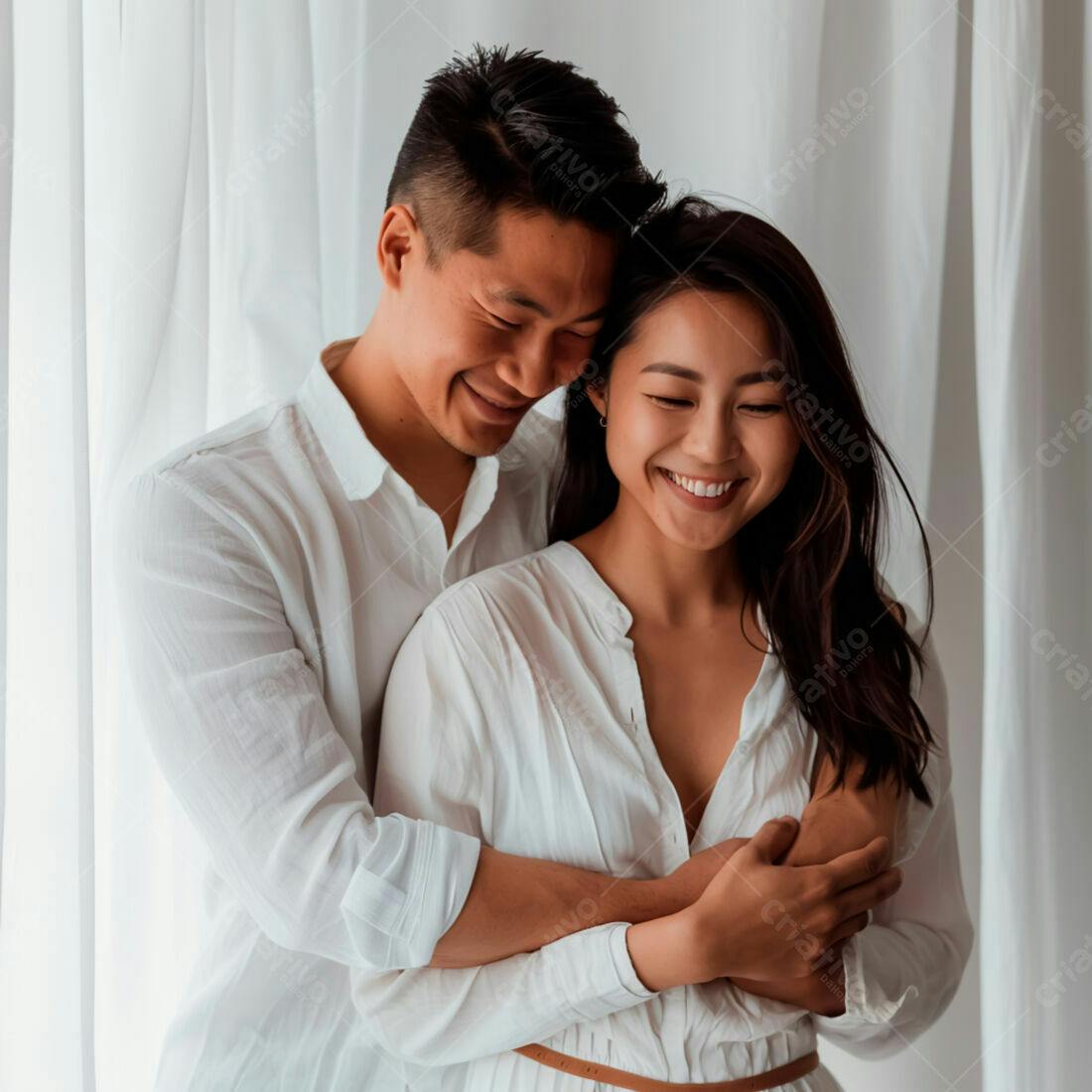 Casal Asiático abraçado sorrindo fundo branco