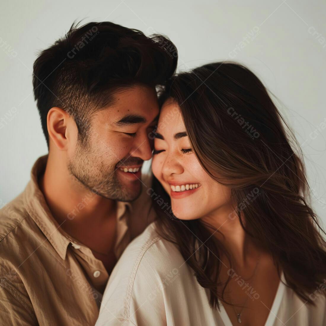 Casal asiático sorrindo juntos abraçados