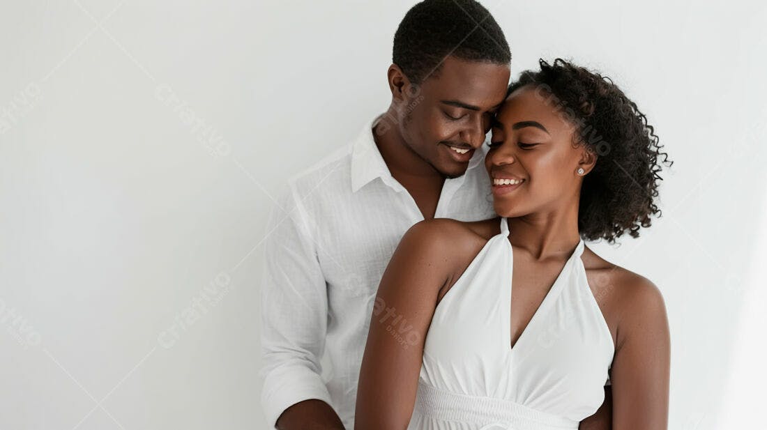 Casal negro apaixonado em abraço branco
