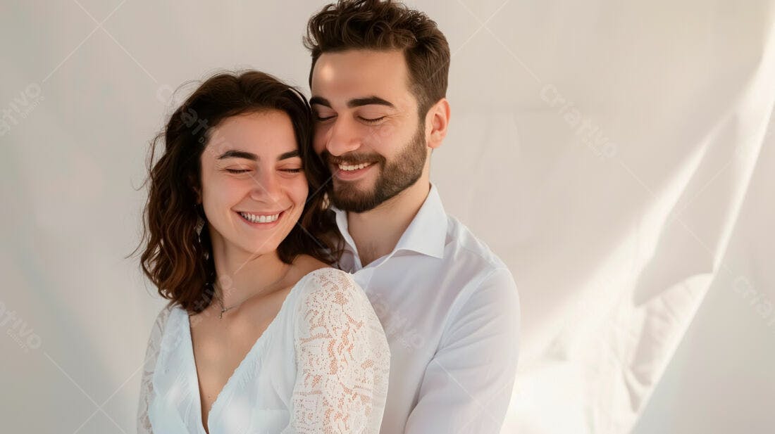 Casal apaixonado sorrindo abraçados fundo branco
