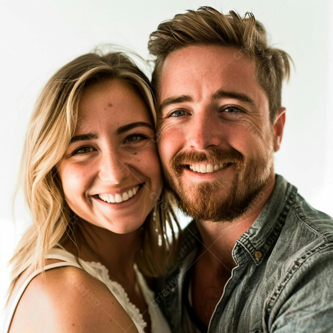 Casal jovem feliz abraçado fundo branco