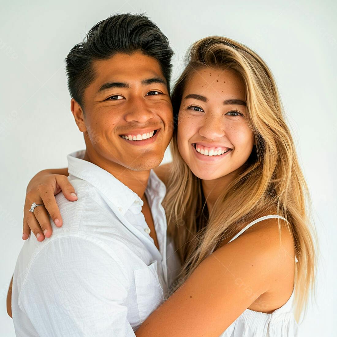 Casal jovem abraçado fundo branco