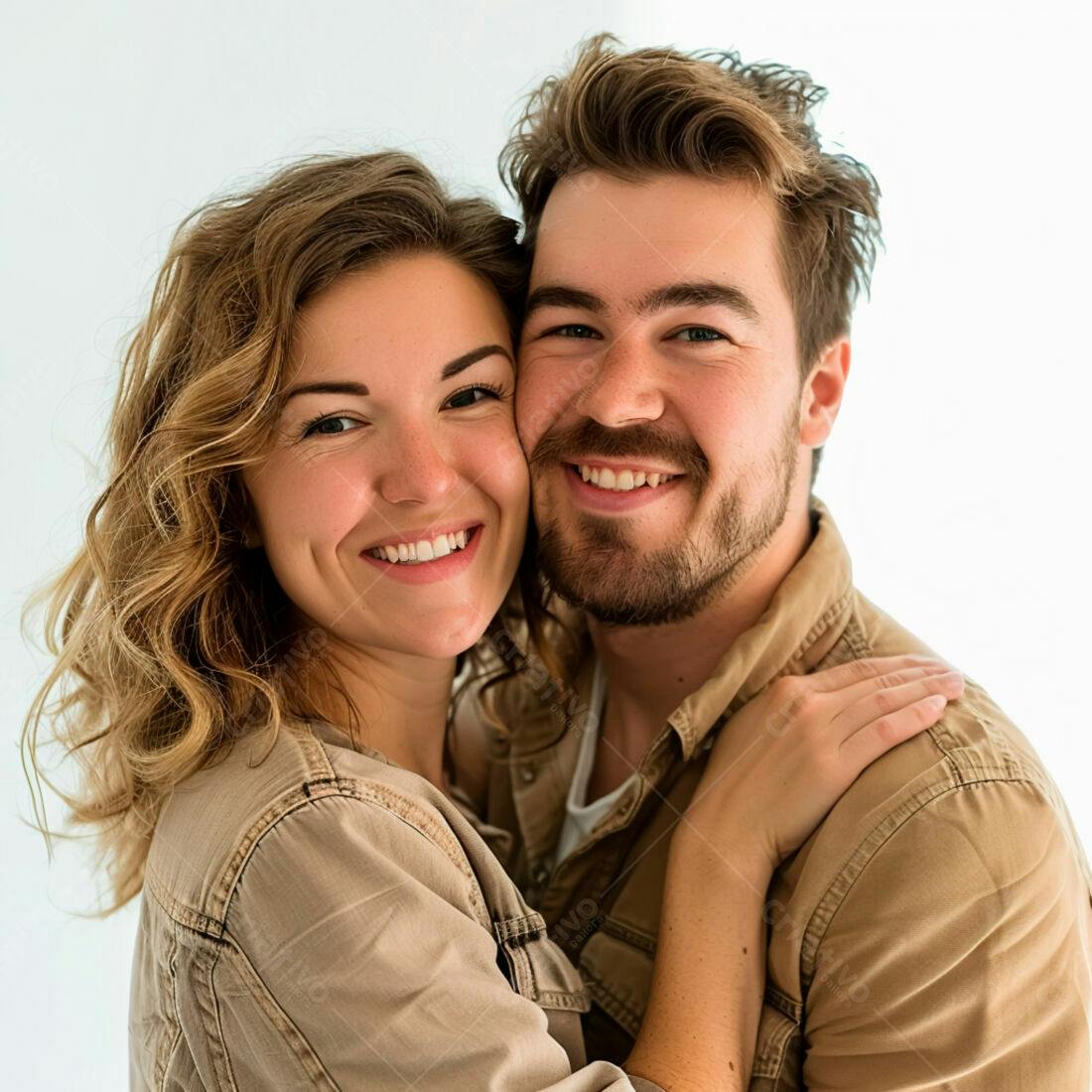 Casal abraçando sorrindo fundo branco