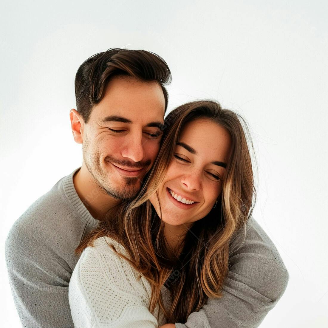 Casal apaixonado se abraçando fundo branco