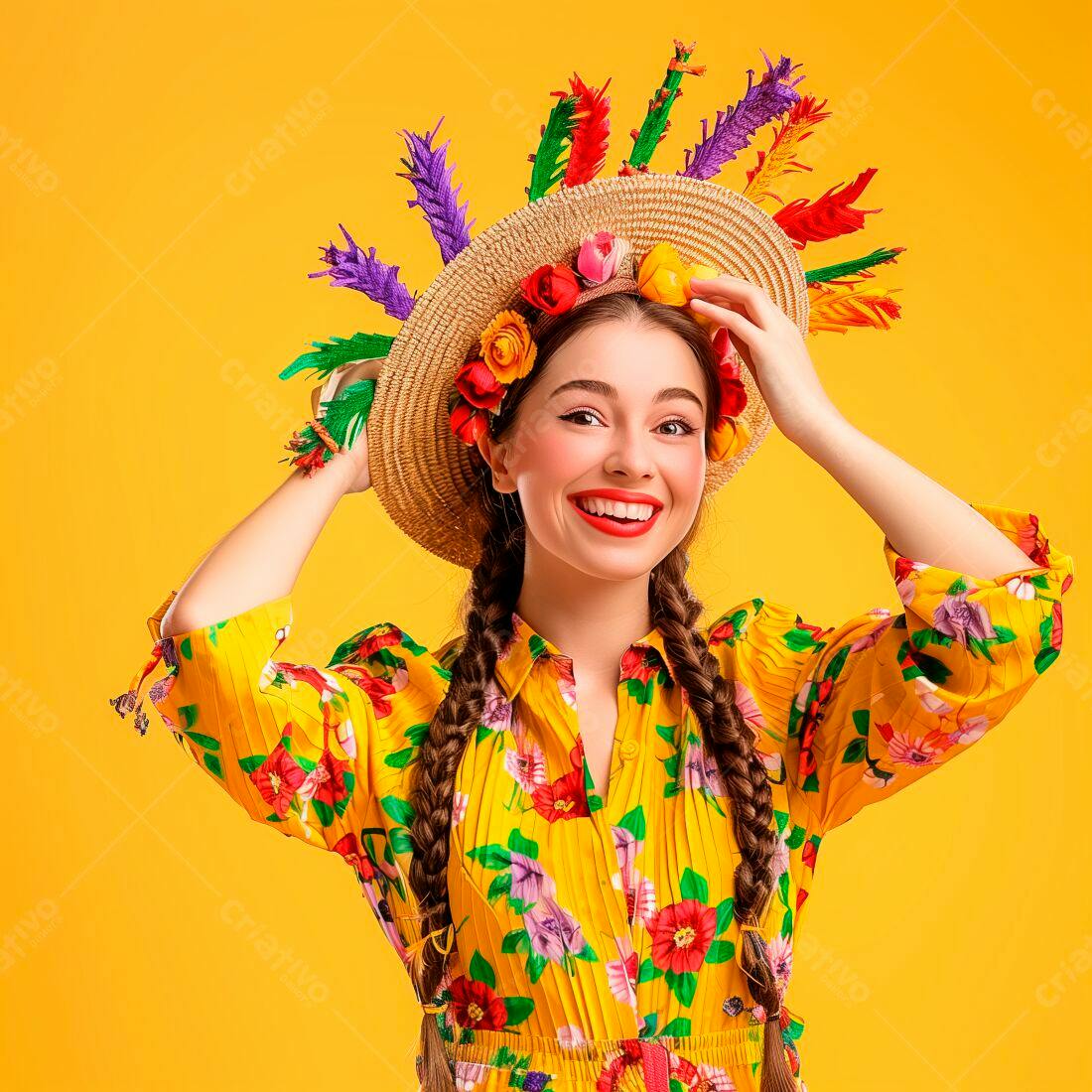 Mulher sorridente com chapéu de flores e vestido amarelo