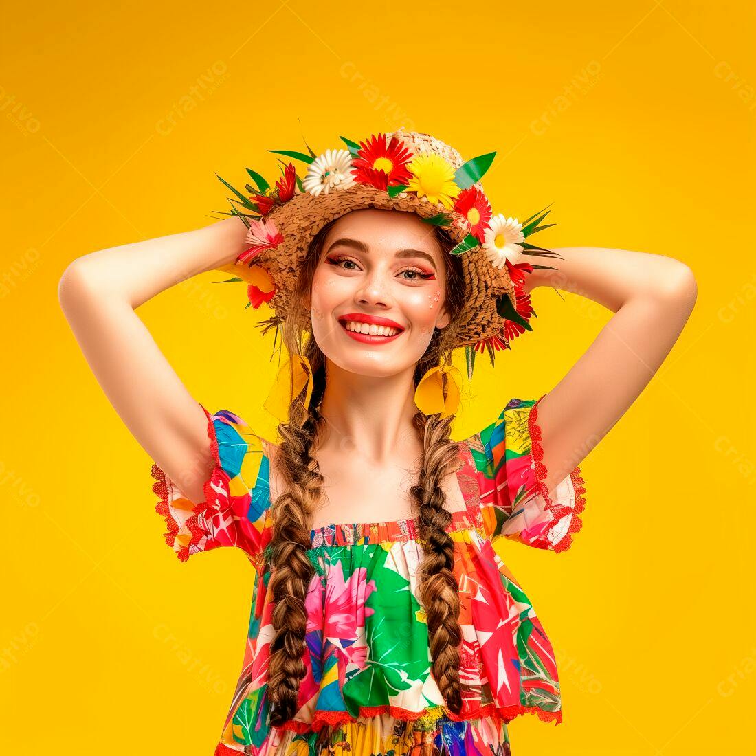 Mulher sorridente com chapéu de flores vestido colorido