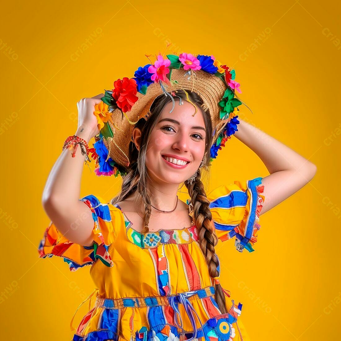 Mulher sorridente com chapéu de festa junina