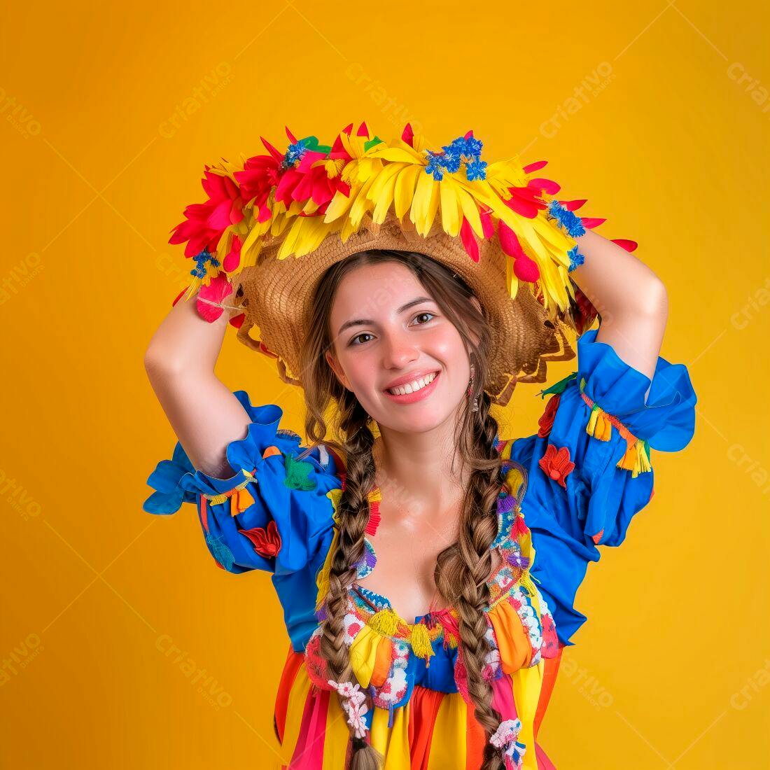 Mulher sorridente com traje junino e chapéu de flores