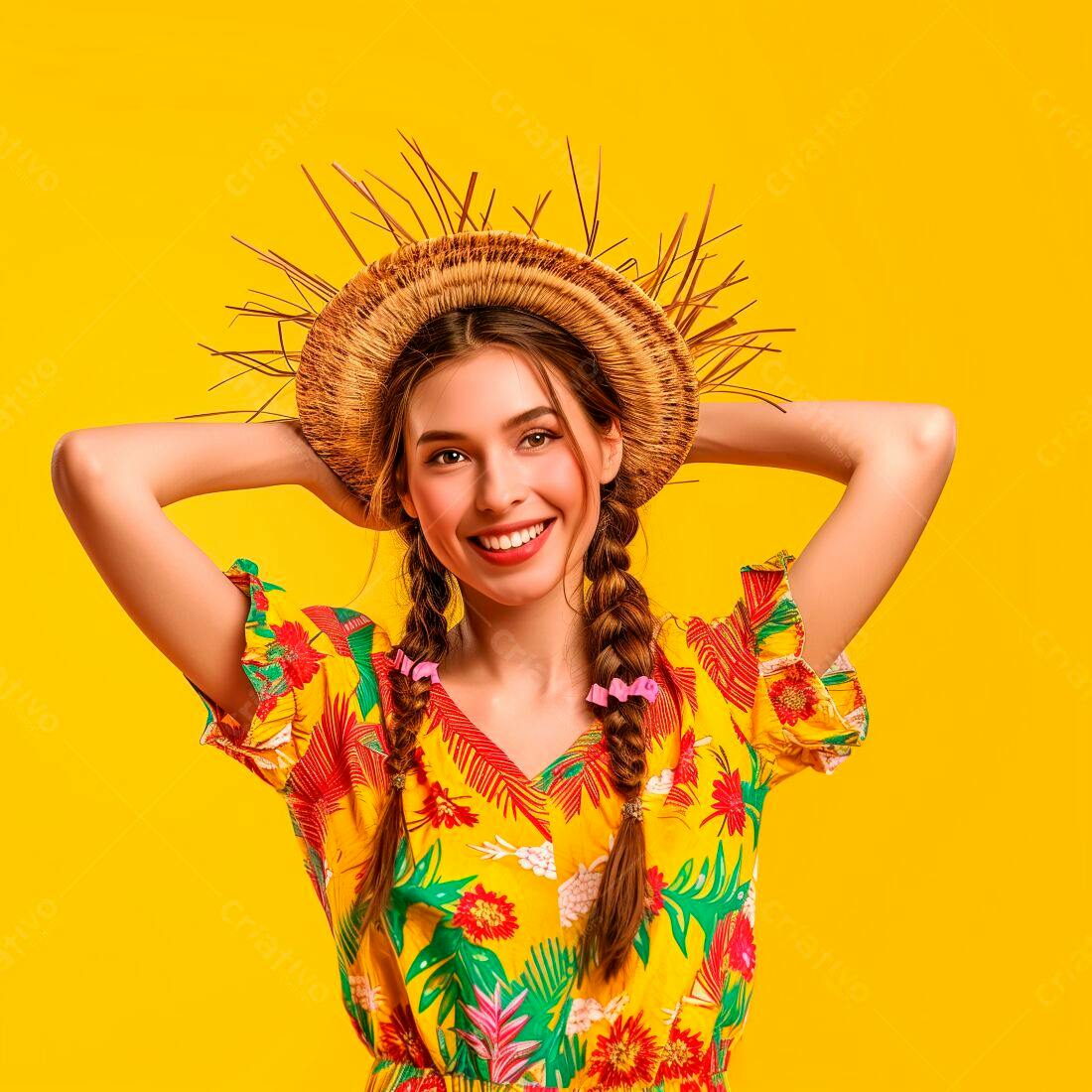 Mulher sorridente com chapéu de palha e vestido floral amarelo