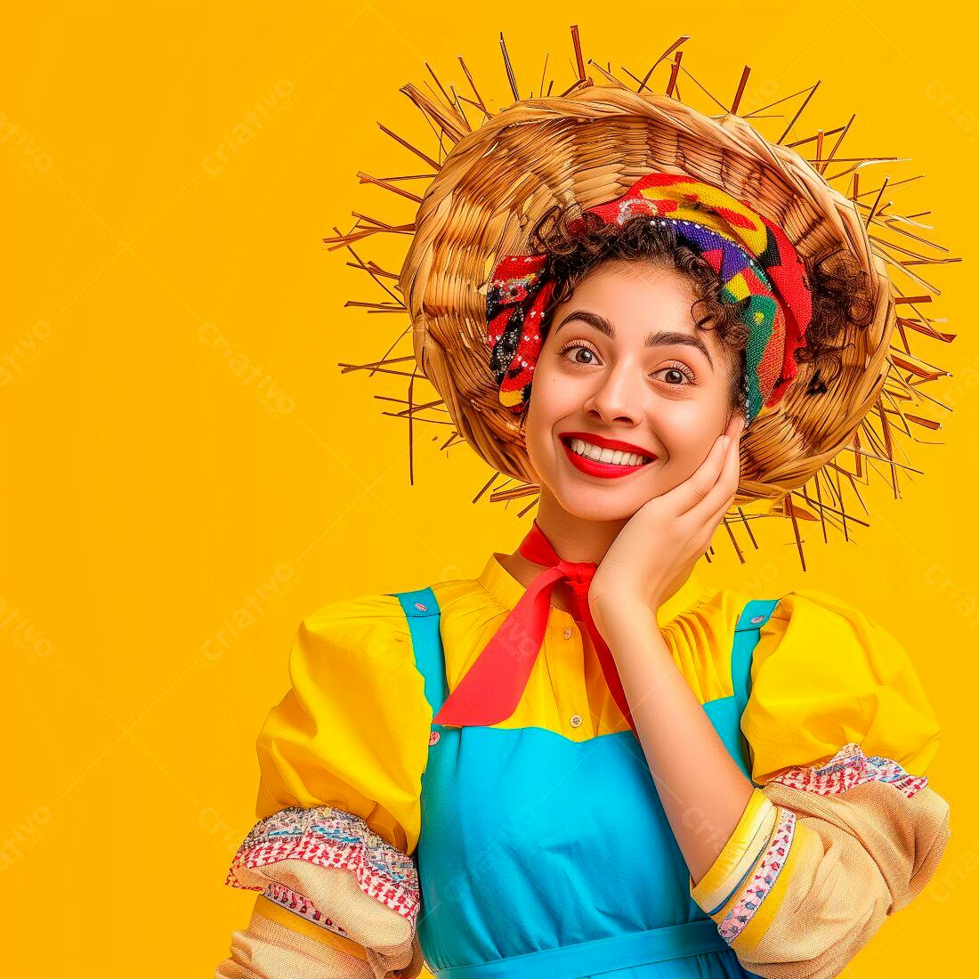 Mulher sorridente com chapéu de palha Festa Junina