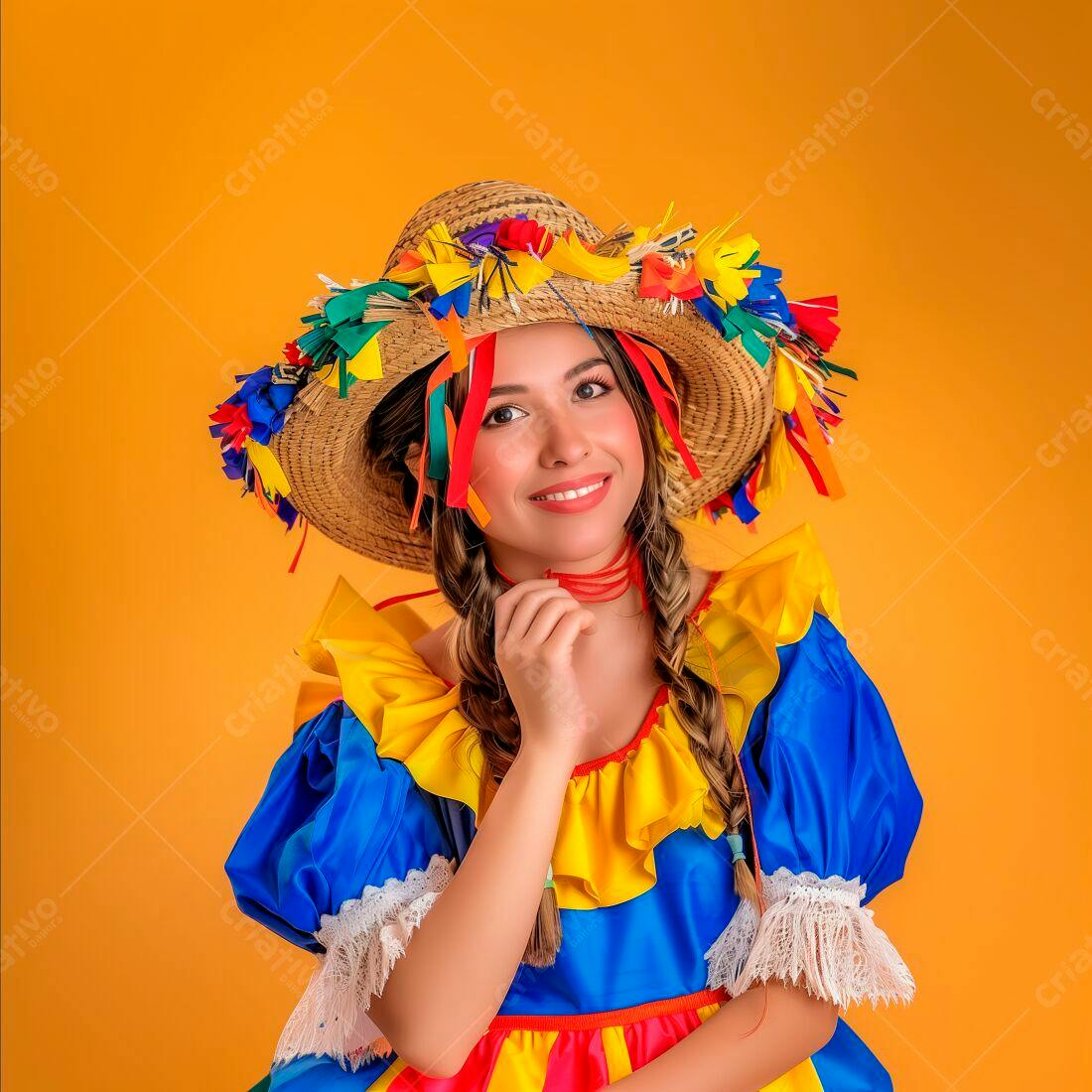 Mulher sorridente com roupa e chapéu de Festa Junina