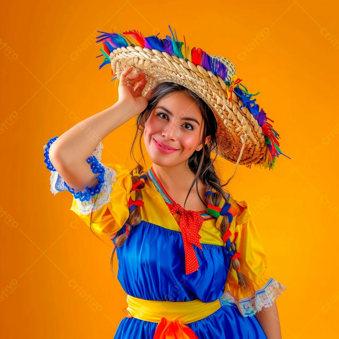 Mulher sorridente com traje típico Festa Junina