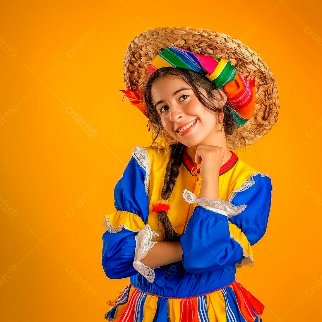 Menina sorridente com traje típico brasileiro