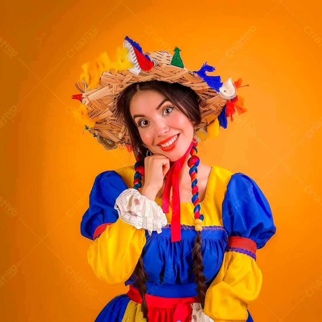 Mulher sorridente com traje de festa junina