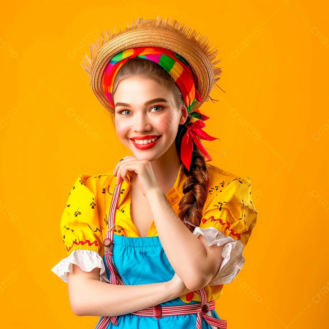 Mulher sorridente com chapéu de palha e roupa colorida