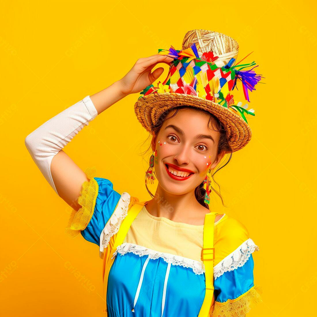 Mulher sorridente com chapéu de festa junina