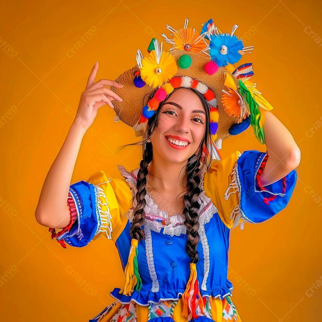Mulher sorrindo com traje típico colorido