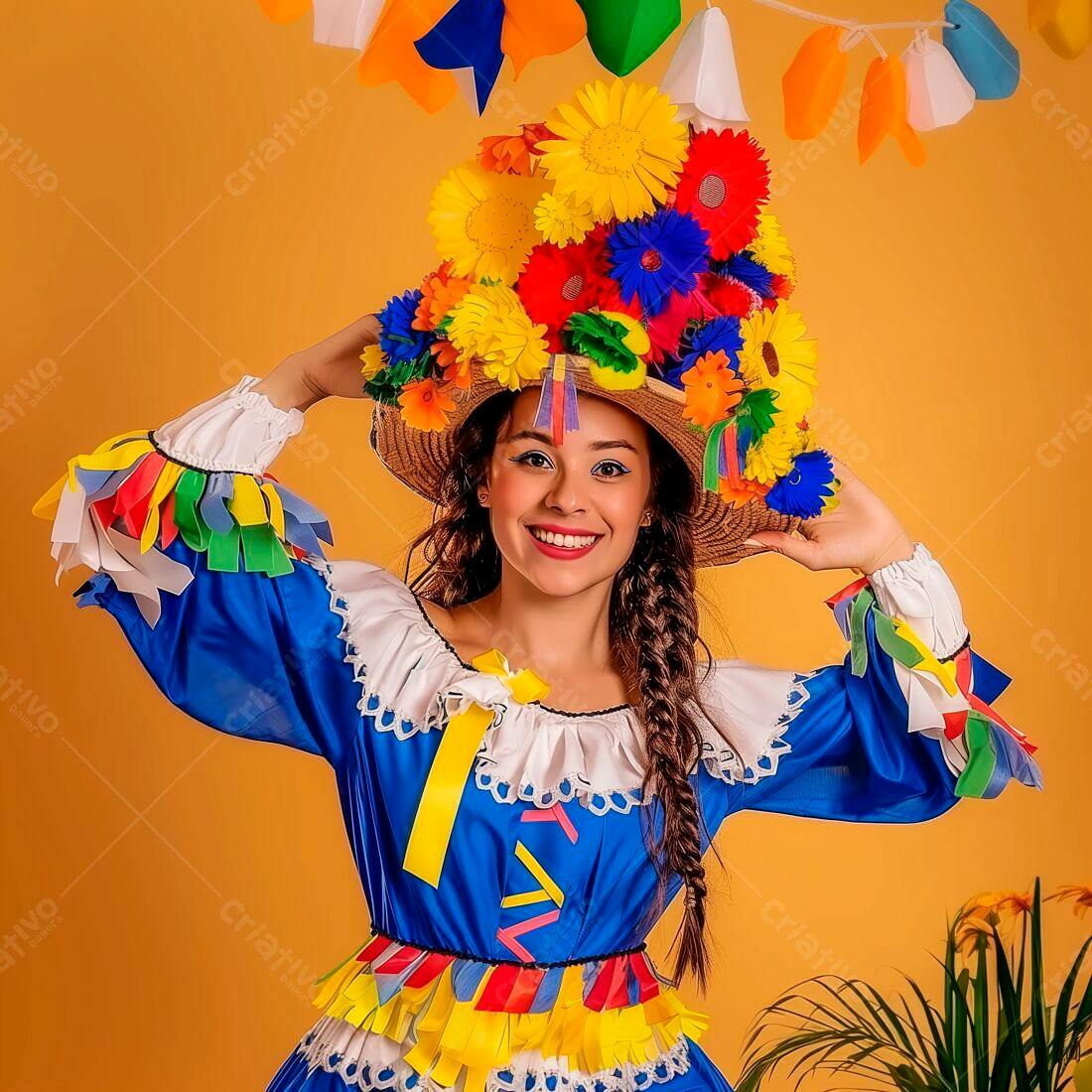 Mulher sorridente com chapéu de flores Festa Junina