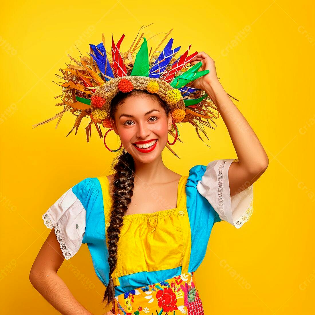 Mulher sorridente com chapéu de Festa Junina