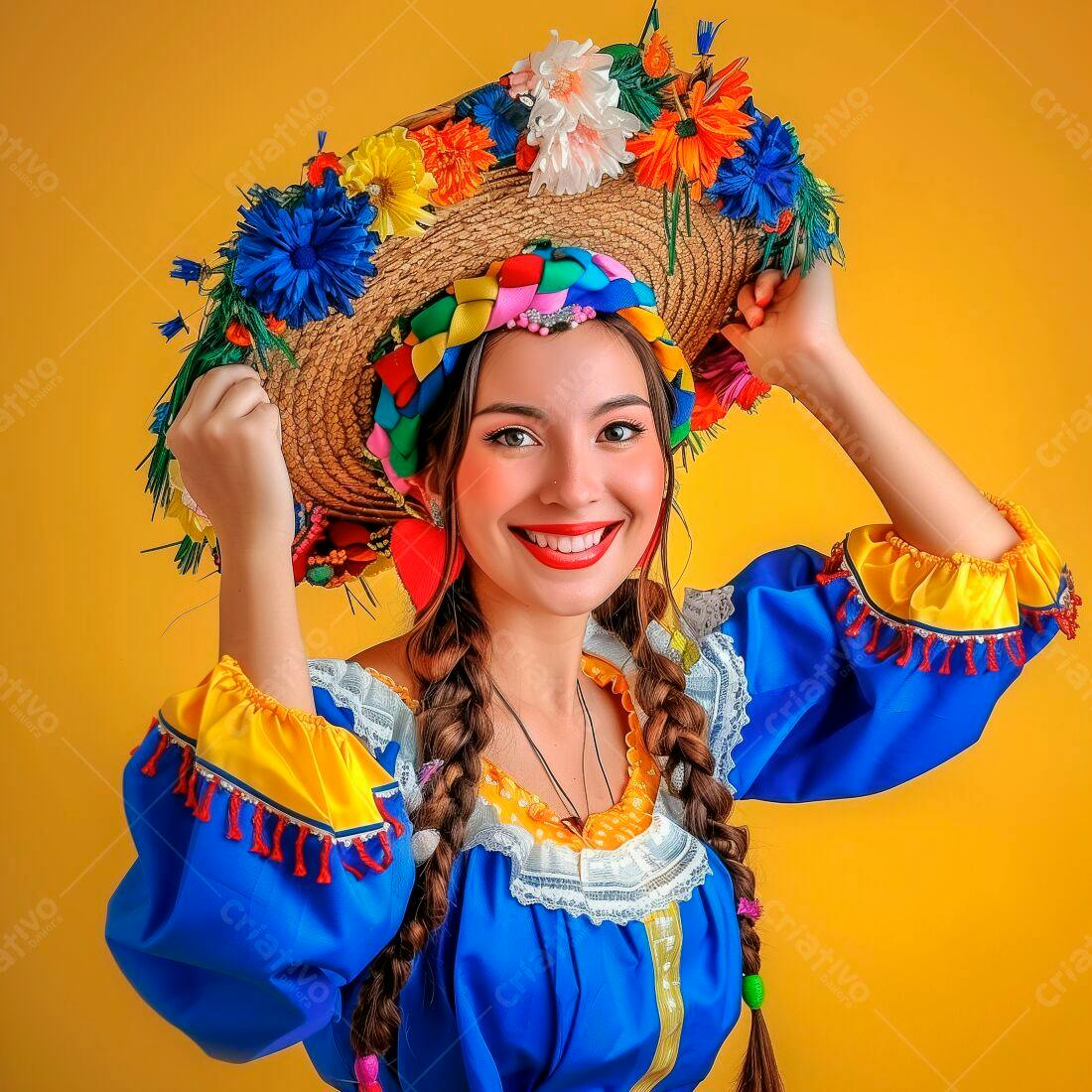 Mulher sorridente com chapéu de flores e traje azul
