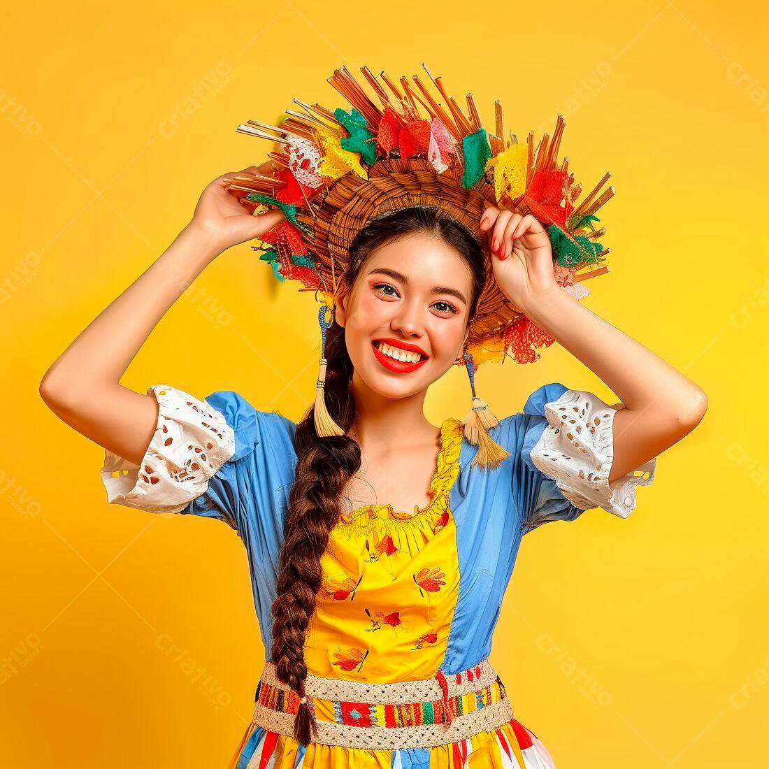 Mulher sorridente com traje de Festa Junina