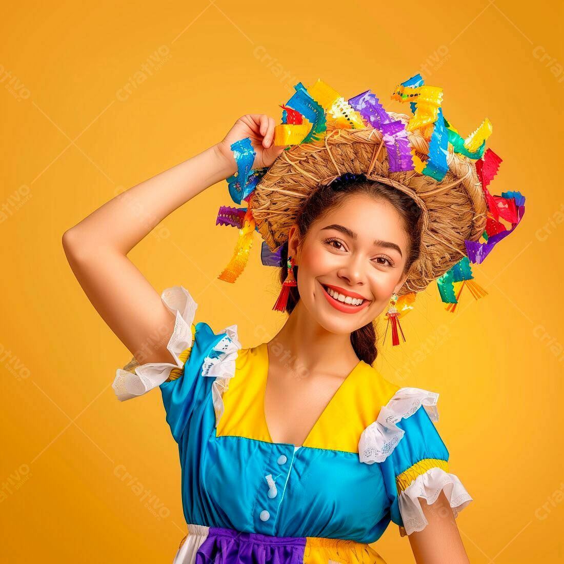 Mulher sorridente com chapéu de Festa Junina