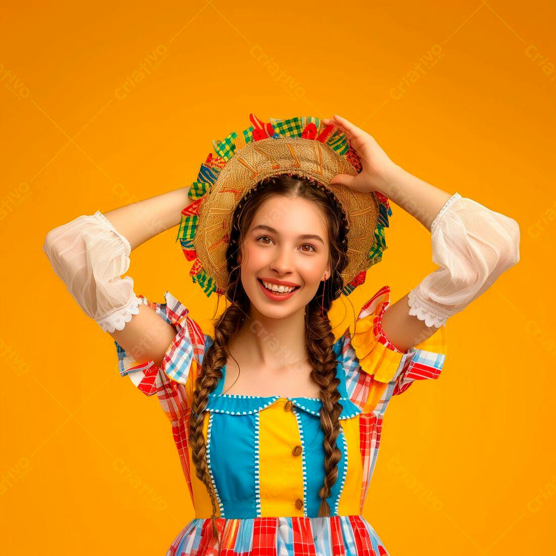 Moça sorridente com chapéu de Festa Junina