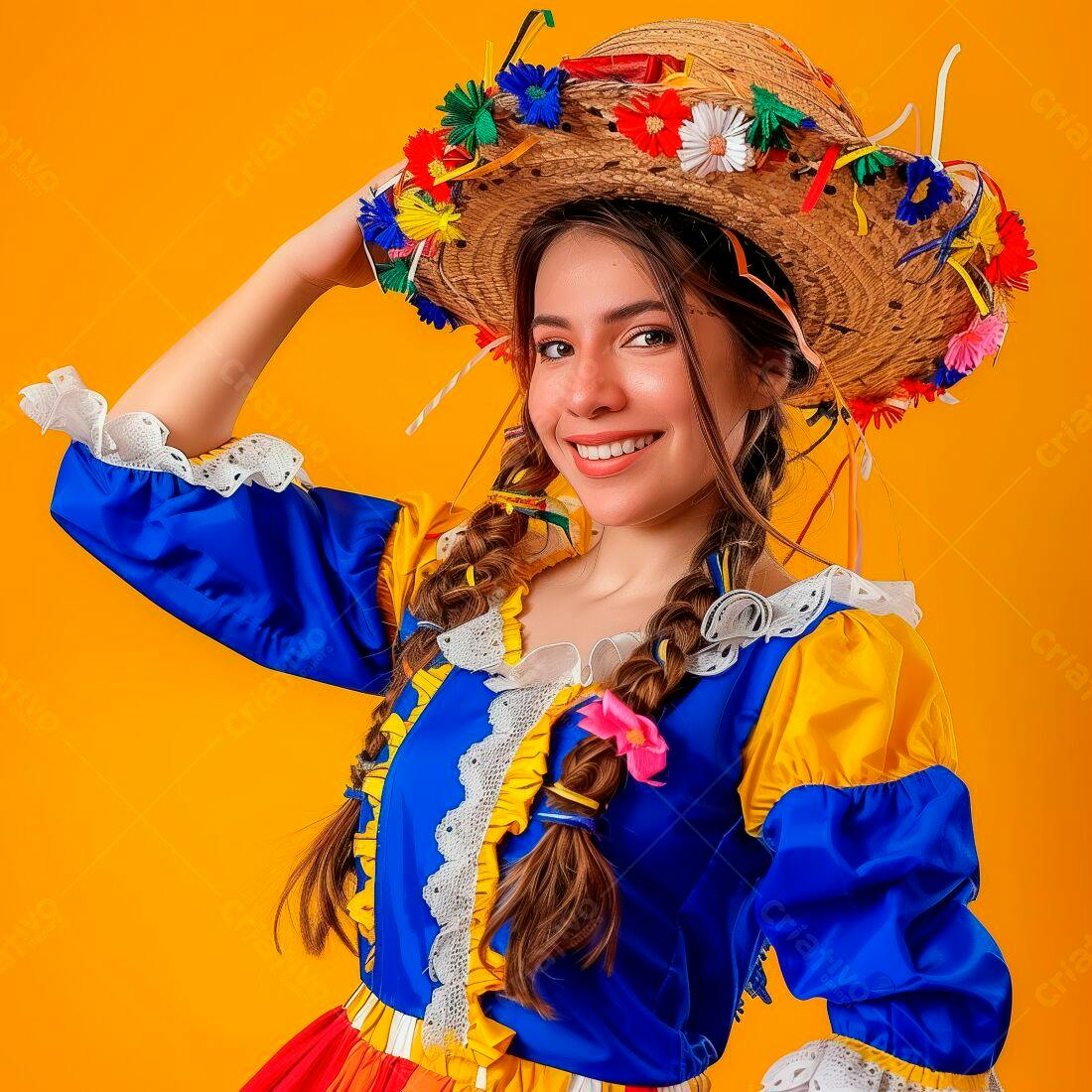Mulher sorridente com traje de festa junina