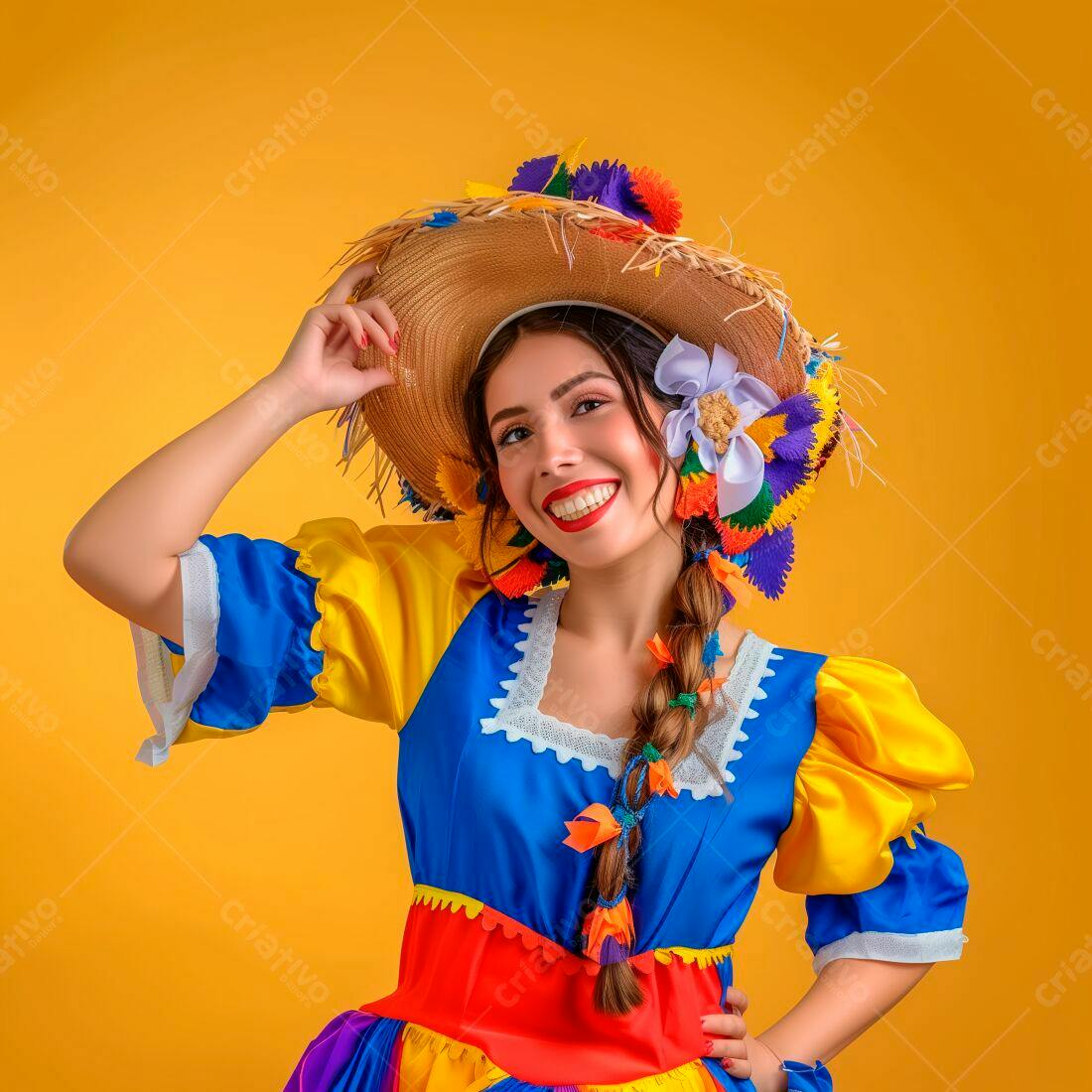 Mulher sorridente com traje de Festa Junina