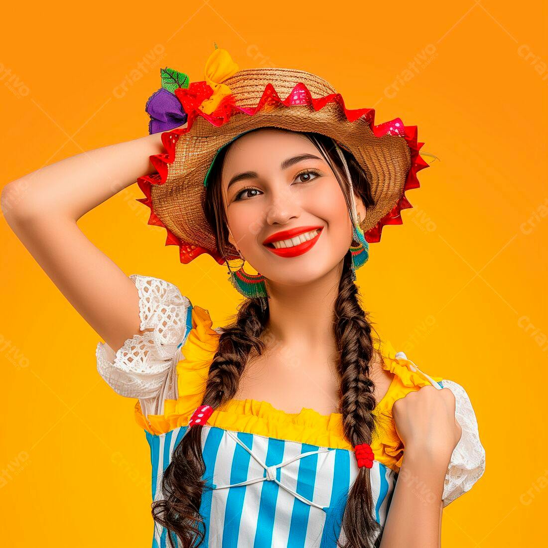 Mulher sorridente com chapéu de palha Festa Junina