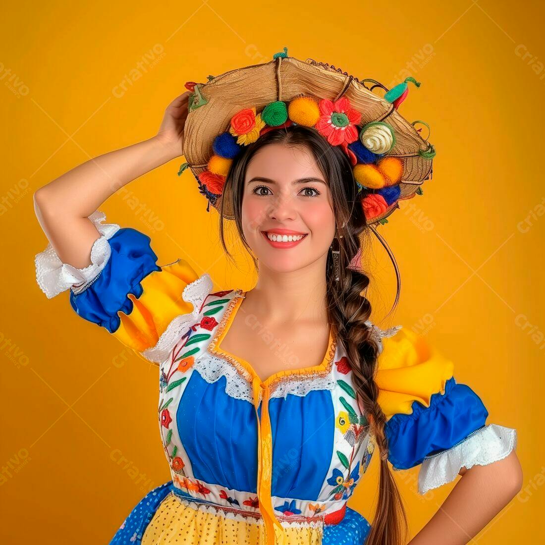 Mulher sorridente com traje típico brasileiro