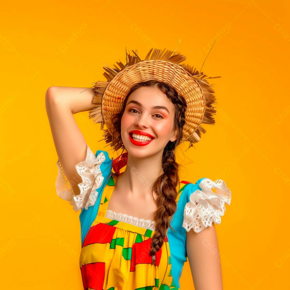 Mulher sorridente com chapéu de palha Festa Junina