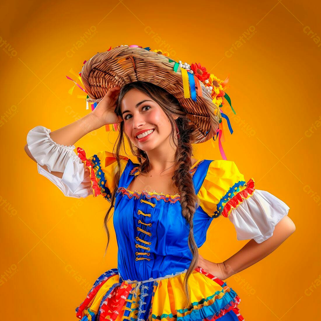 Mulher sorridente com traje de festa junina