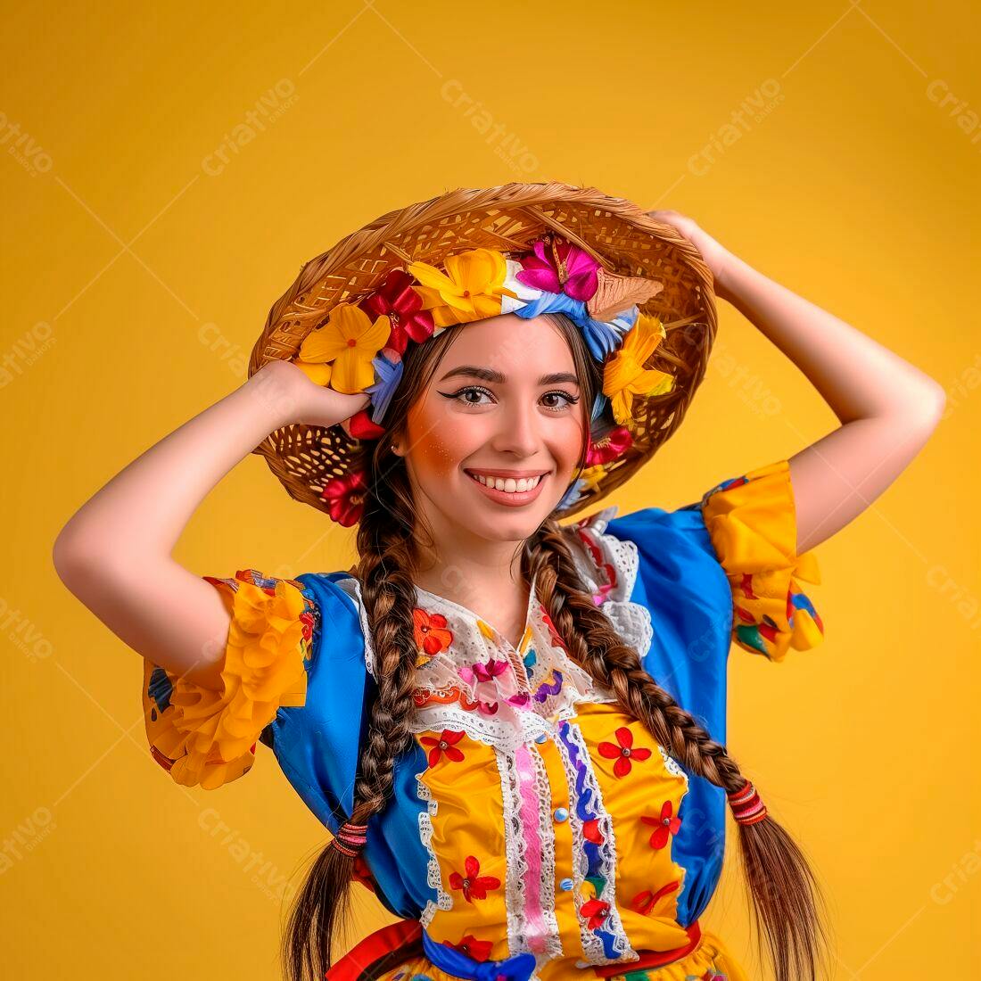 Mulher sorridente com roupa de Festa Junina