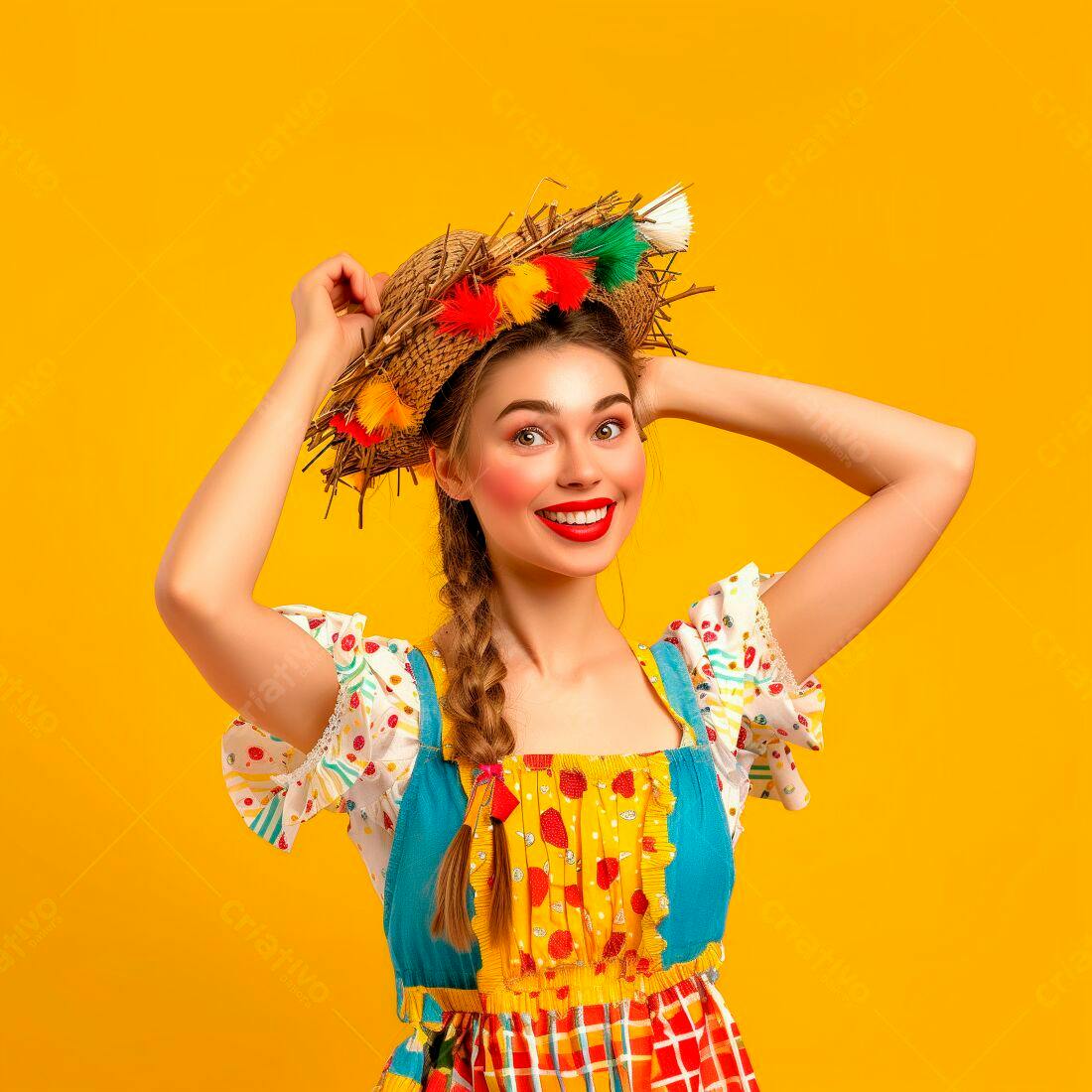 Mulher sorridente em traje de festa junina