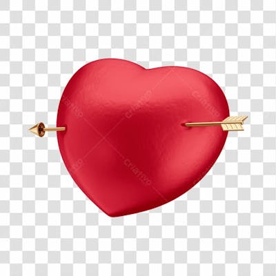 Asset 3D Dia Dos Namorados Coração Vermelho Com Flecha Dourada Fundo Transparente