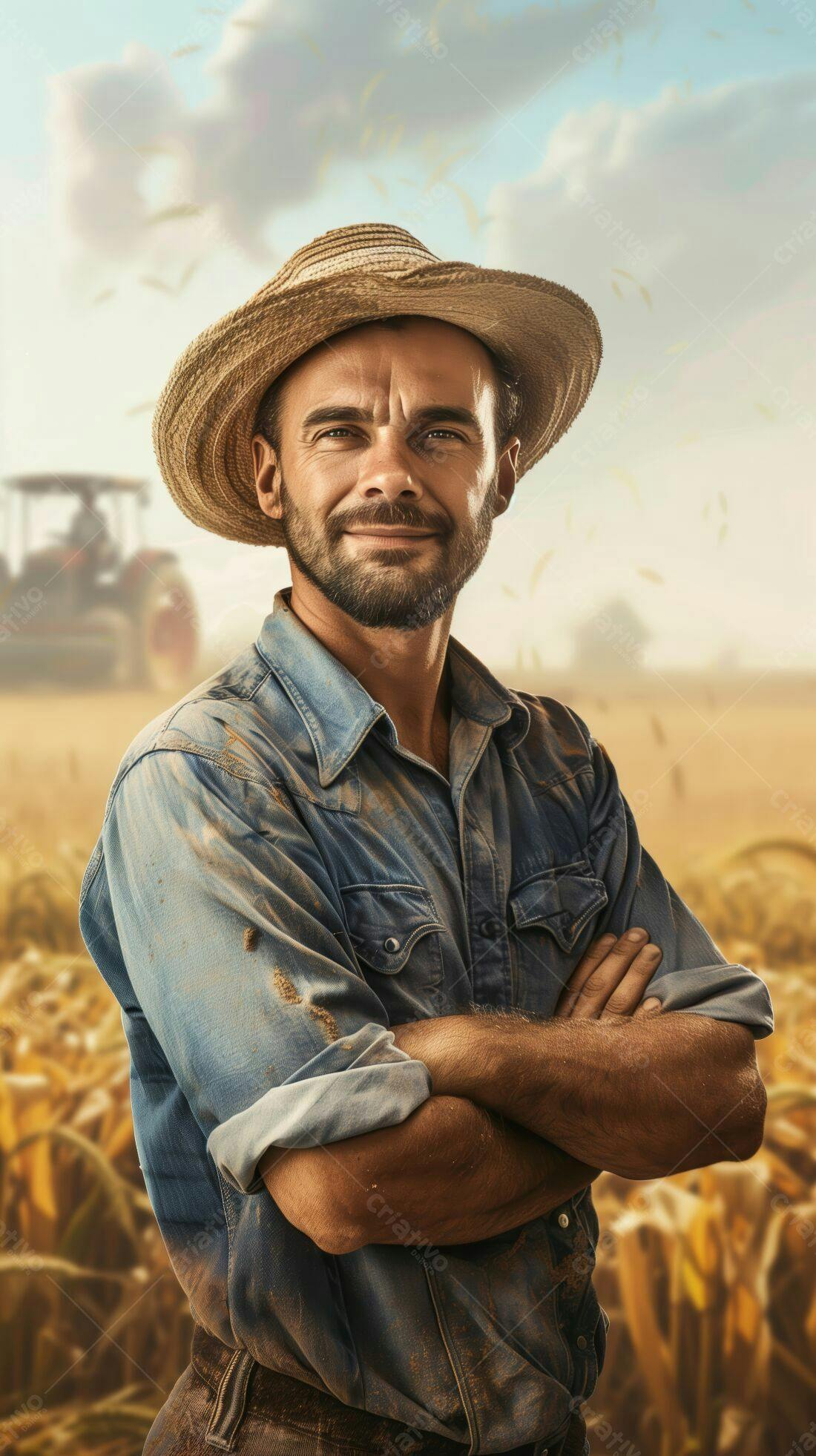 Fazendeiro sorridente em campo de trigo