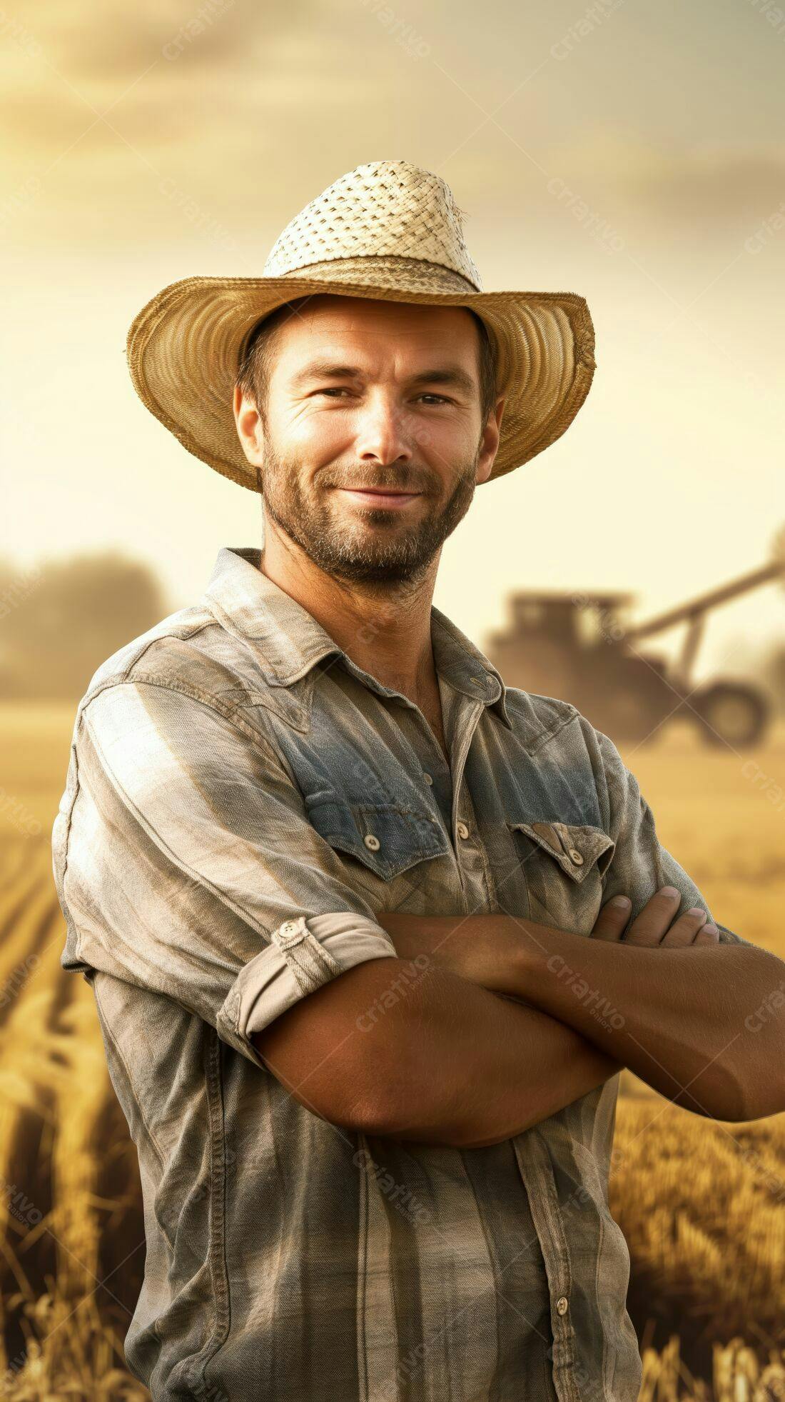 Fazendeiro sorridente em campo de trigo ao pôr do sol