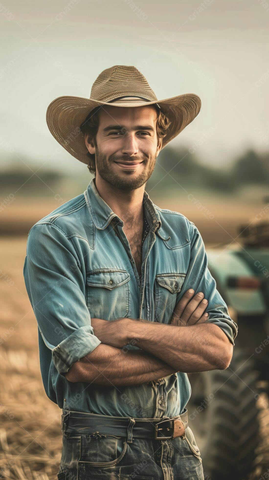 Fazendeiro sorridente em campo de trigo