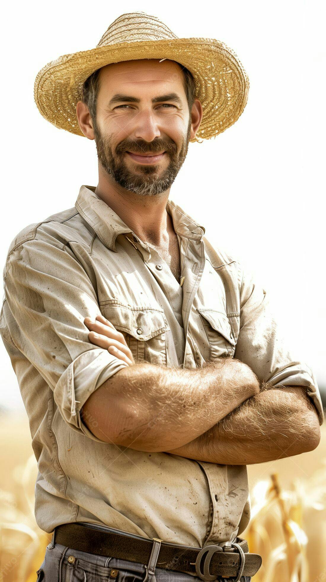 Fazendeiro sorridente em campo de trigo