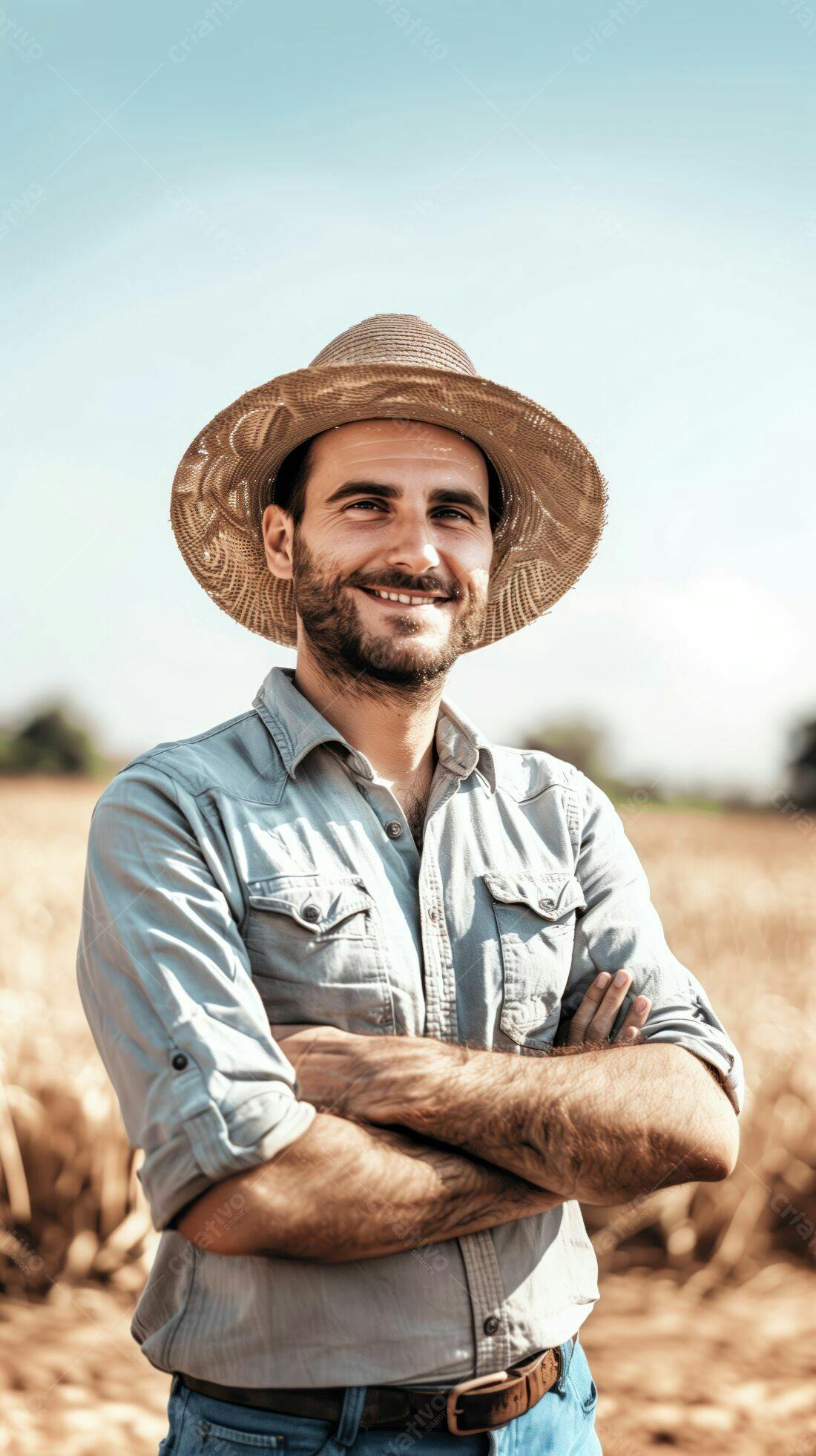 Fazendeiro sorridente em campo de trigo