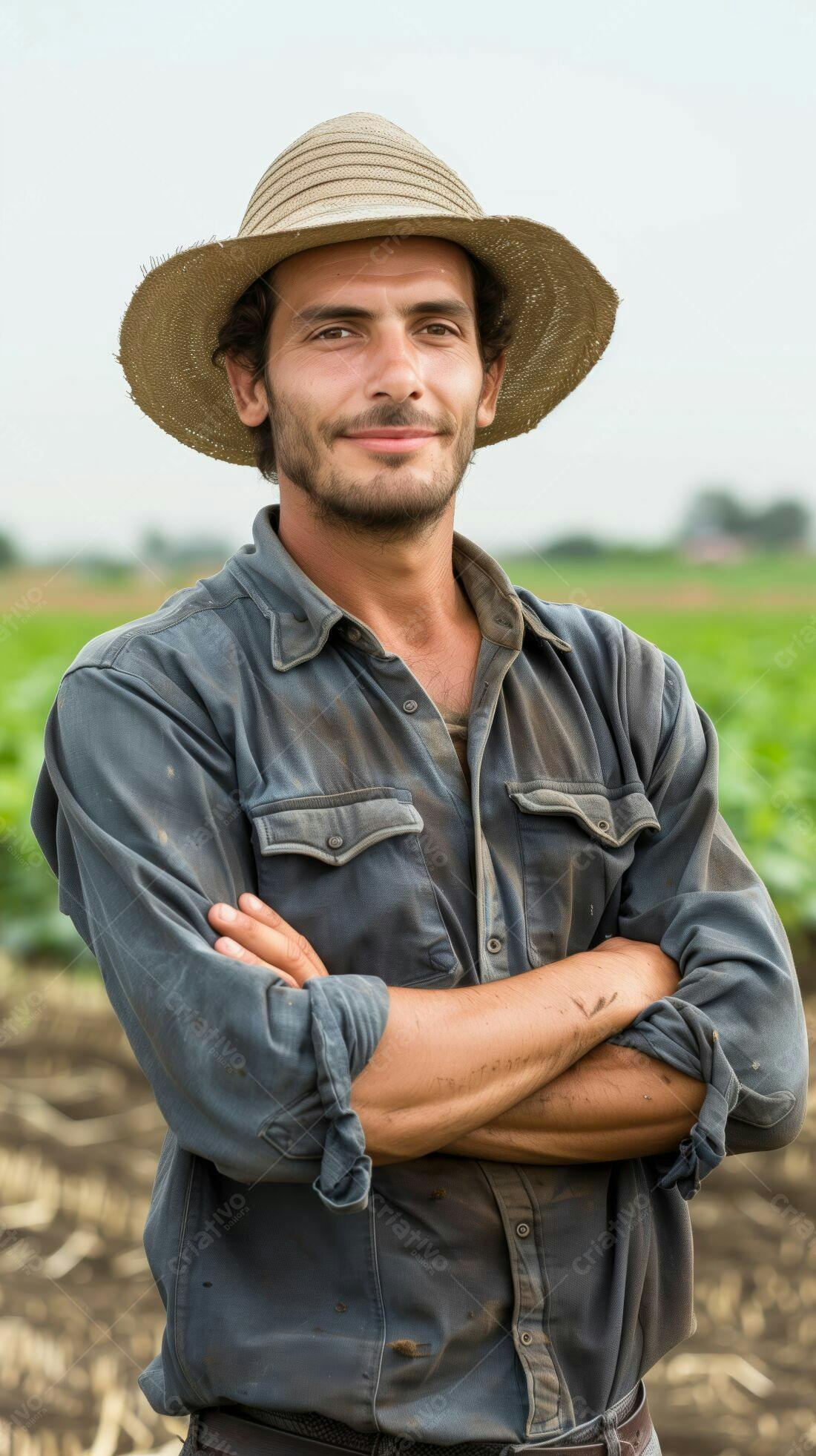 Fazendeiro latino sorridente em campo
