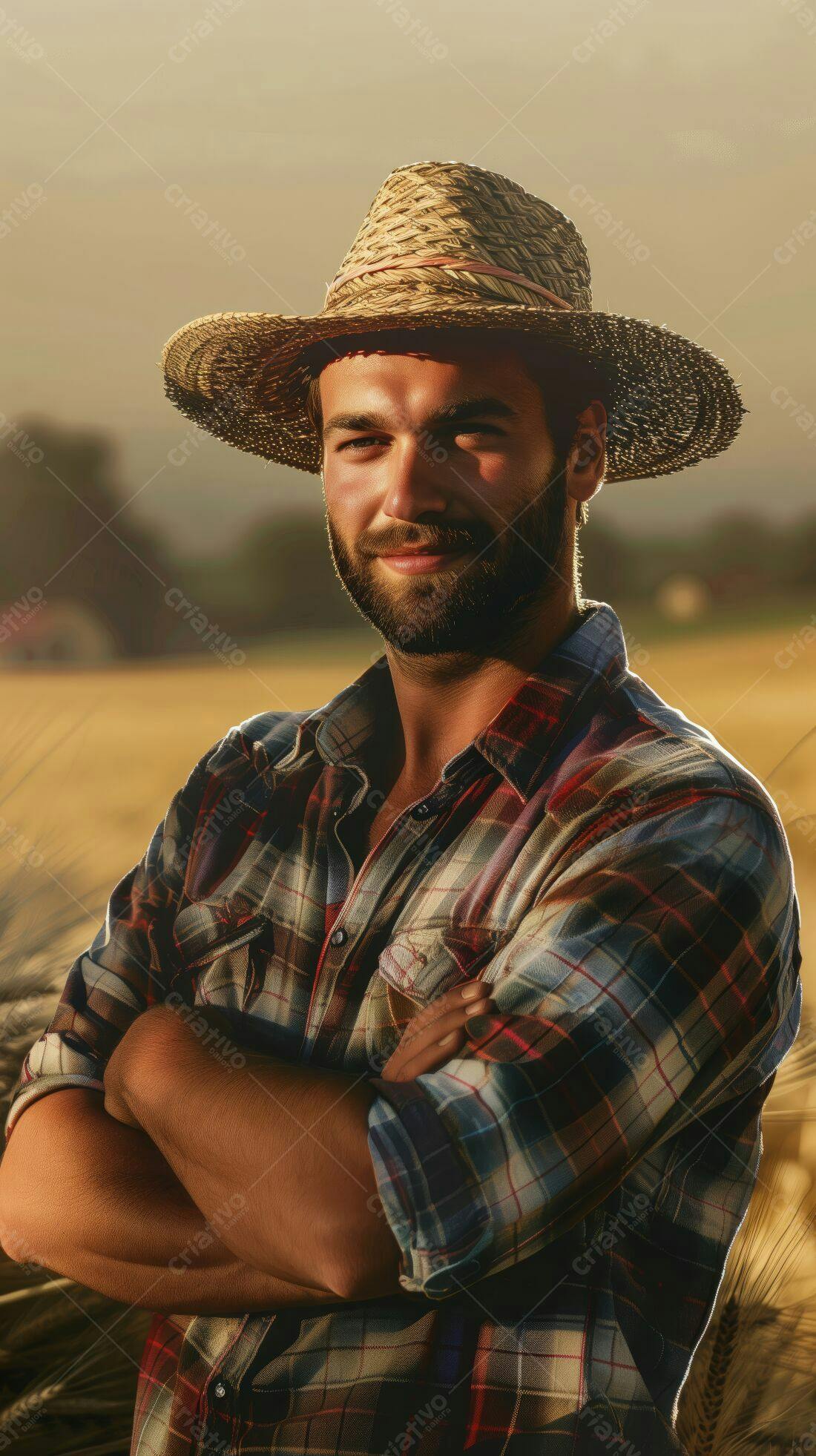 Fazendeiro sorrindo em campo de trigo ao pôr do sol