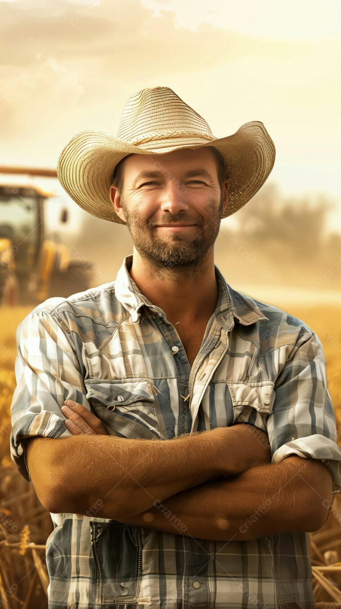 Fazendeiro sorridente em campo de trigo