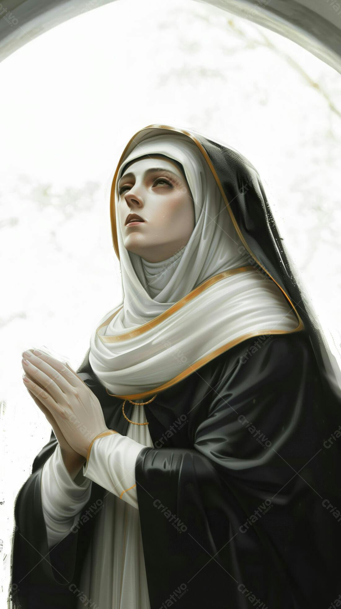 Estátua de freira em oração tons branco e preto