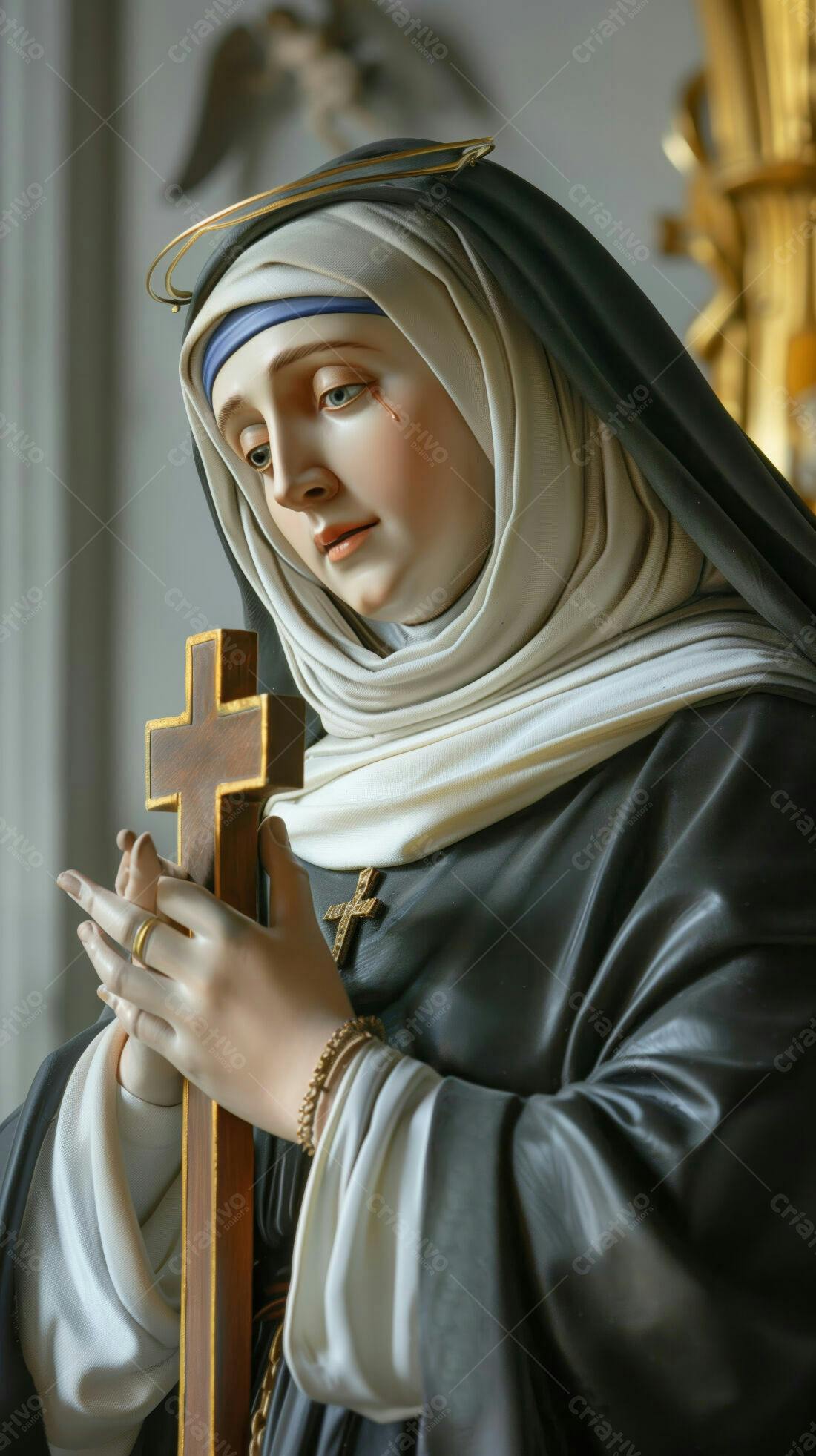 Estátua religiosa feminina segurando cruz